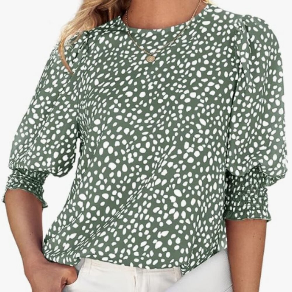 Women’s Green & White Polka Dot 3/4 Sleeve Blouse (XL)